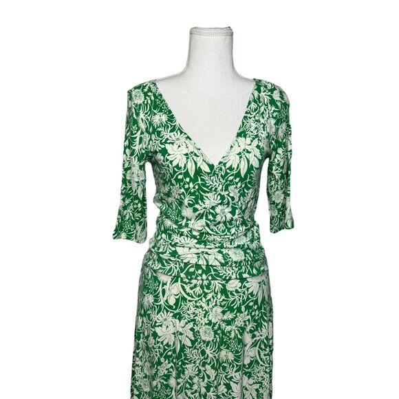 Cabi #572 Women S Green Floral Faux Wrap 3/4 Sleeve Casual Jersey Midi Dress VTG - Picture 3 of 10